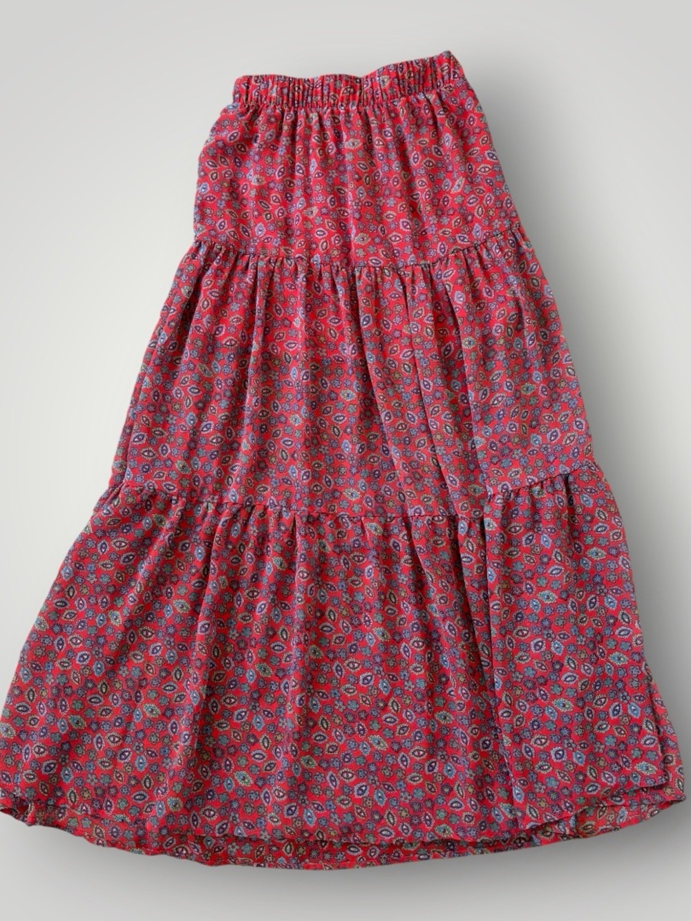Maurice’s Red Tiered Flowy Maxi Skirt with Floral Paisley Boho Print